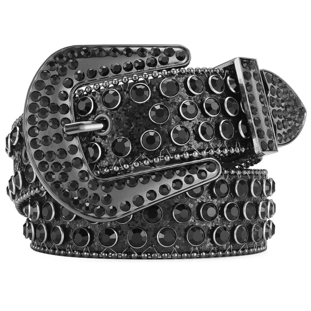 3448 Women Men Black Rhinestone Belts Bling Western Cowboy Cowgirl Studded